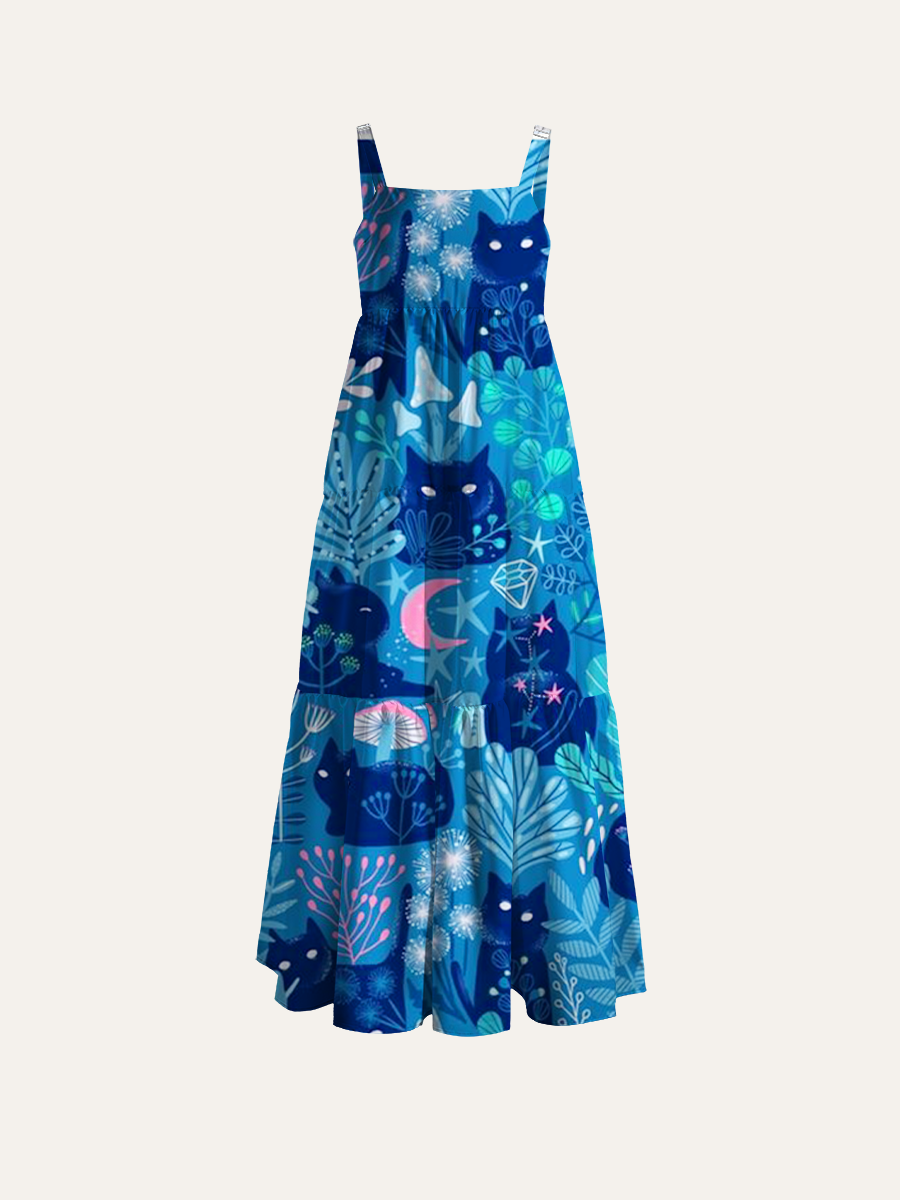 Blue Cat & Botanical Adjustable Wide Straps Maxi Dress
