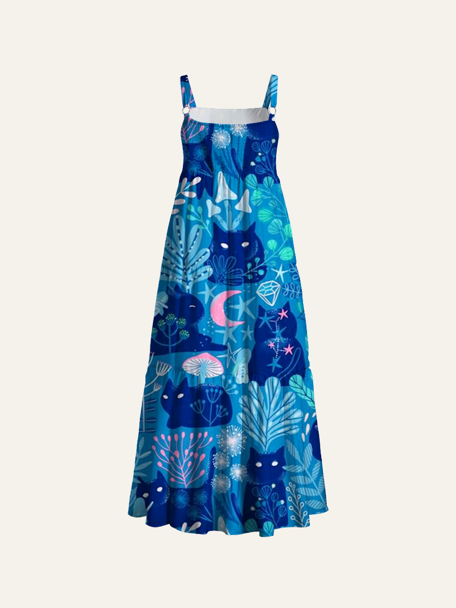 Blue Cat & Botanical Adjustable Wide Straps Maxi Dress