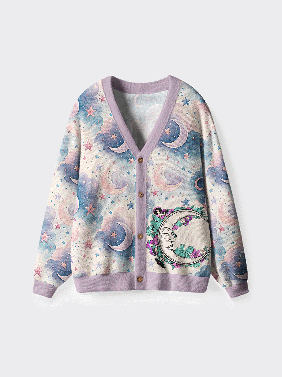 Vintage Moon With Flowers And Crystals Cardigan Sweaters