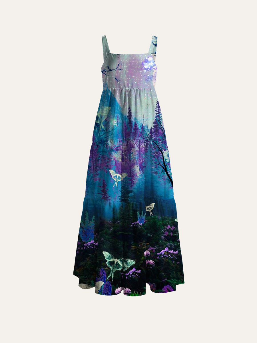 Luna Moth Moonlit Forest Adjustable Wide Straps Maxi Dress