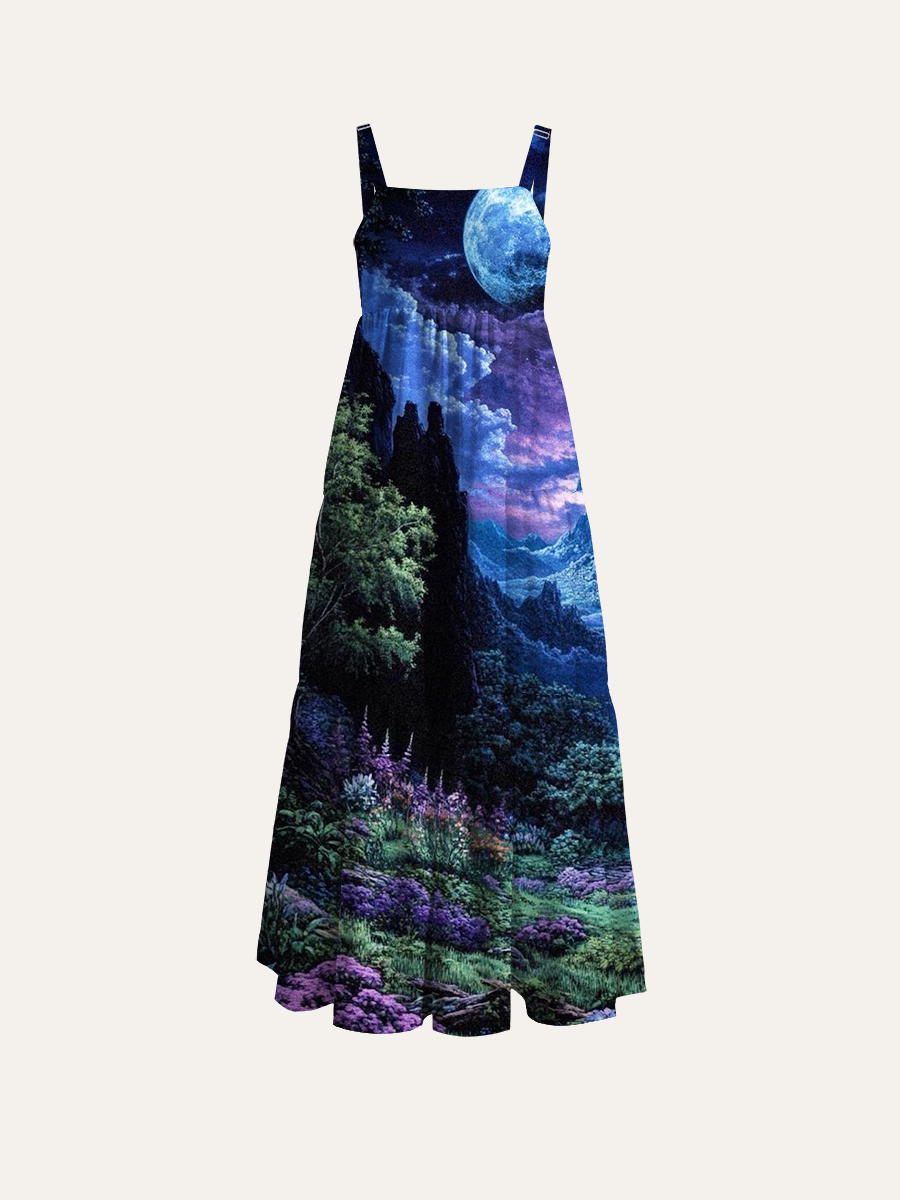 Mystical Moonlit Mountain Valley Adjustable Wide Straps Maxi Dress