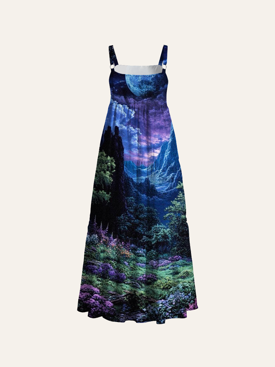 Mystical Moonlit Mountain Valley Adjustable Wide Straps Maxi Dress