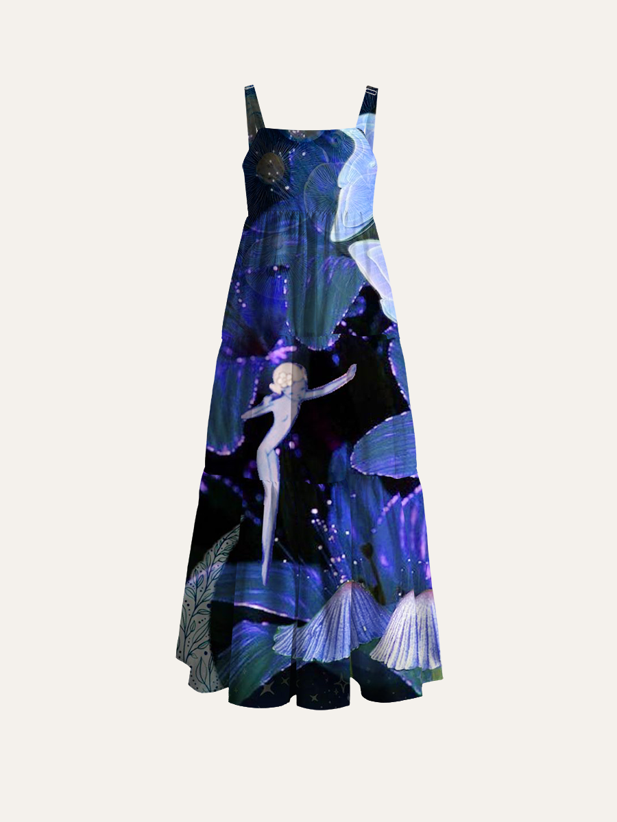 Luna Moth & Fairy Mushroom Adjustable Wide Straps Maxi Dress