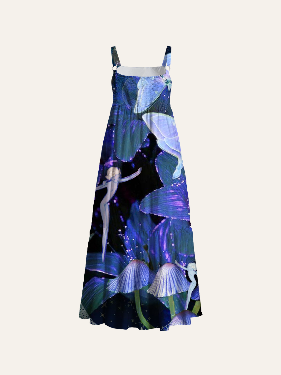 Luna Moth & Fairy Mushroom Adjustable Wide Straps Maxi Dress