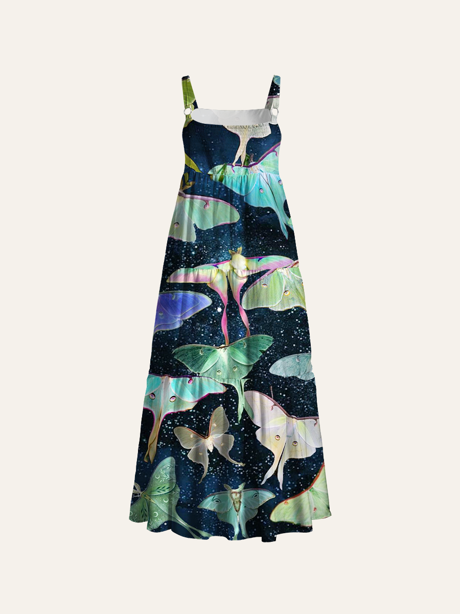 Luna Moth Starry Sky Adjustable Wide Straps Maxi Dress