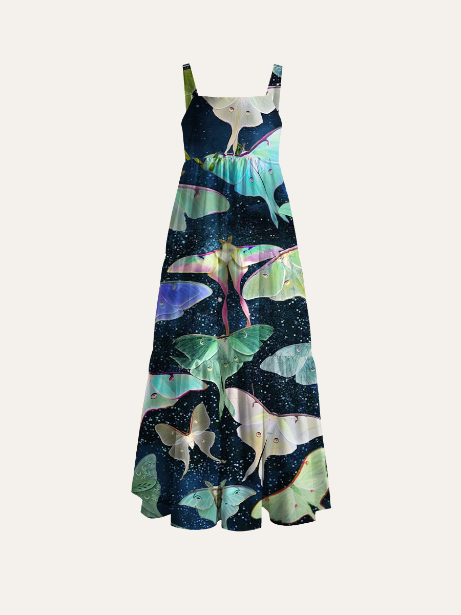 Luna Moth Starry Sky Adjustable Wide Straps Maxi Dress