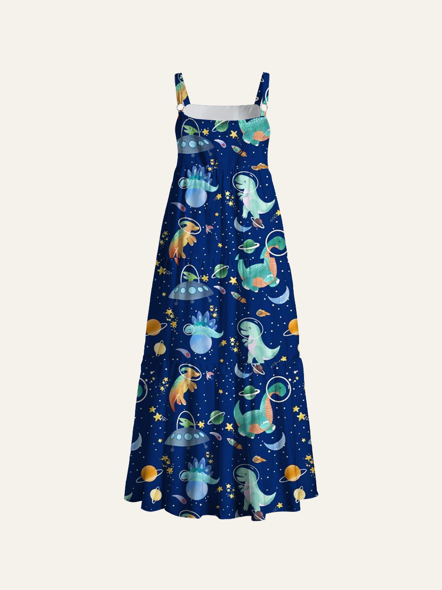 Space Dinosaur Adjustable Wide Straps Maxi Dress