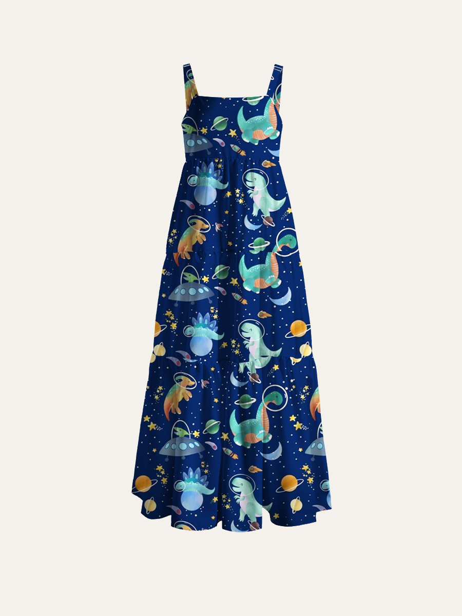 Space Dinosaur Adjustable Wide Straps Maxi Dress
