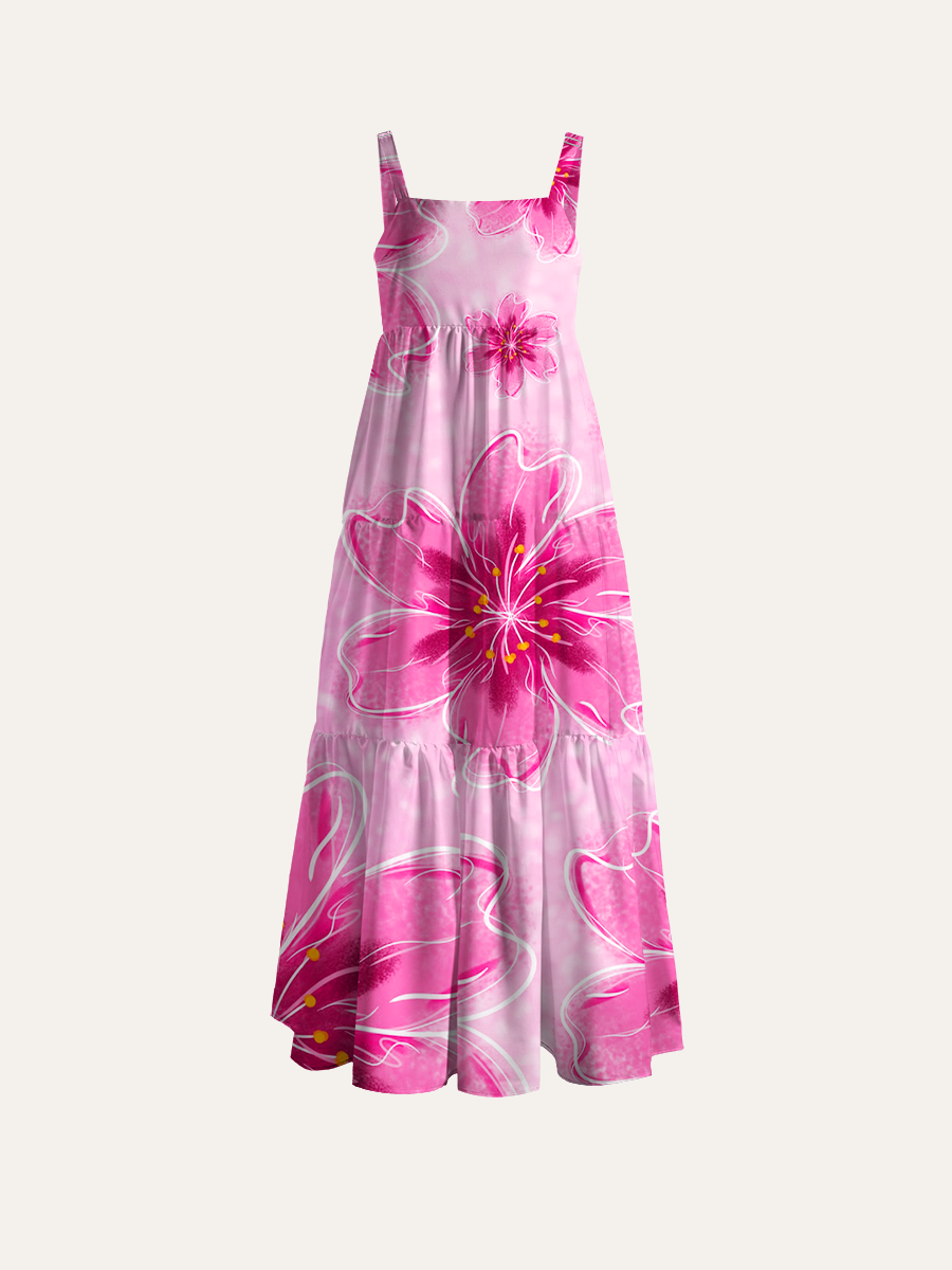 Neon Cherry Blossom Adjustable Wide Straps Maxi Dress