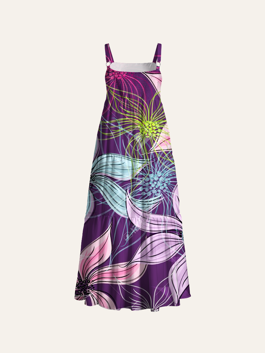 Retro Watercolor Floral Adjustable Wide Straps Maxi Dress