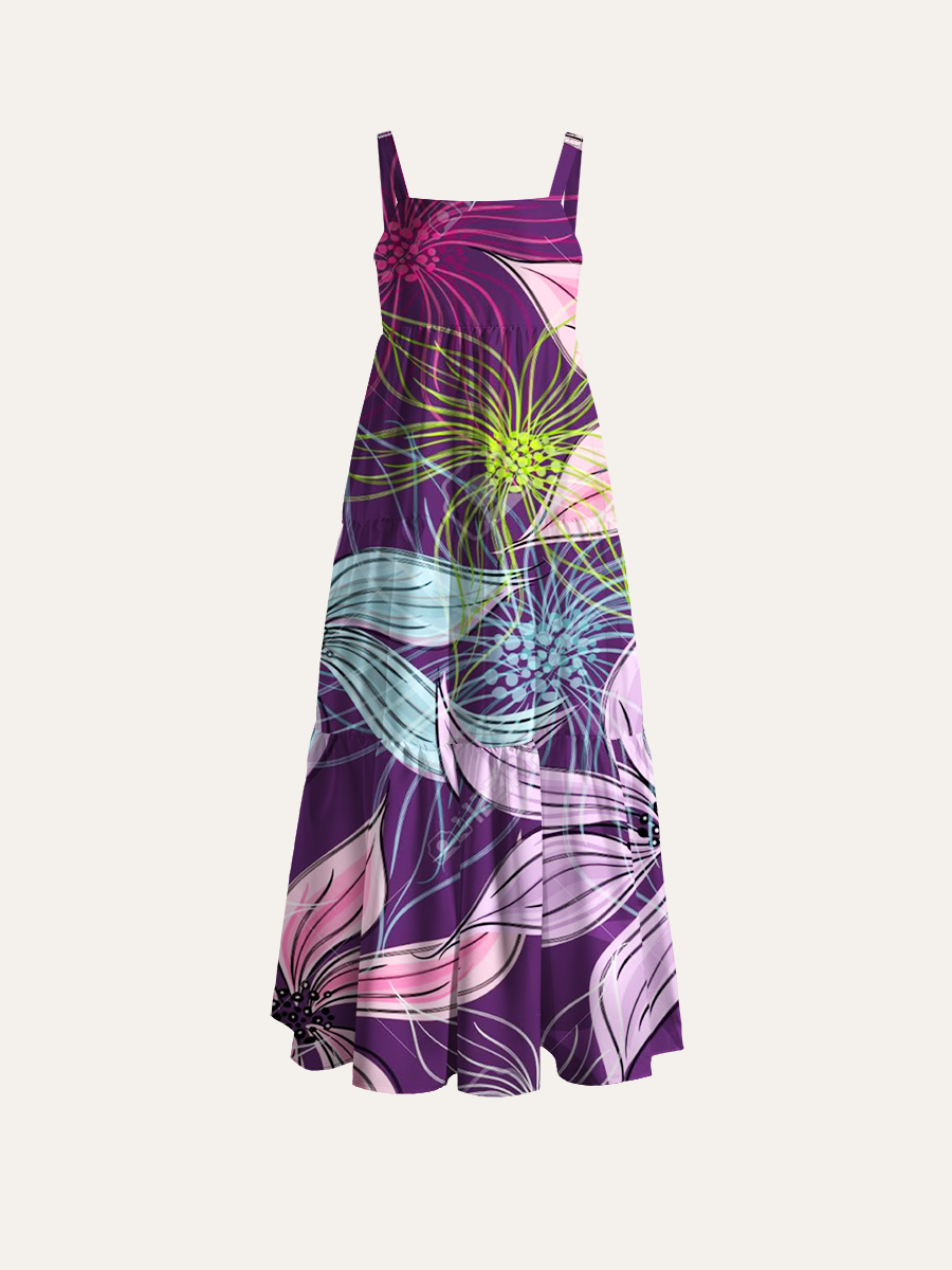 Retro Watercolor Floral Adjustable Wide Straps Maxi Dress
