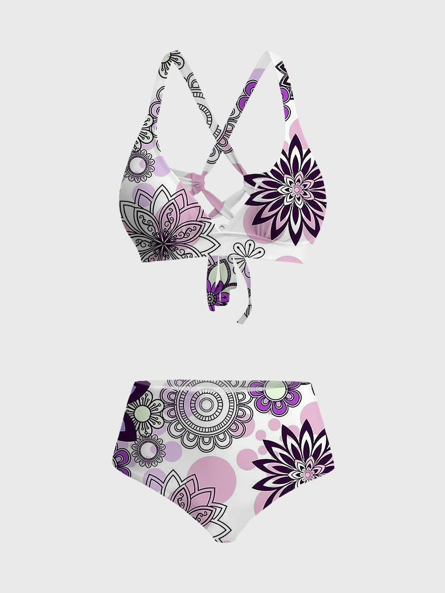 Vintage Bohemian Floral Mandala Two Piece Ruffled Tankini Swimsuit