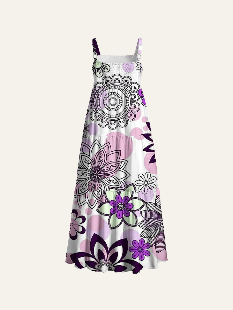 Bohemian Floral Mandala Adjustable Wide Straps Maxi Dress