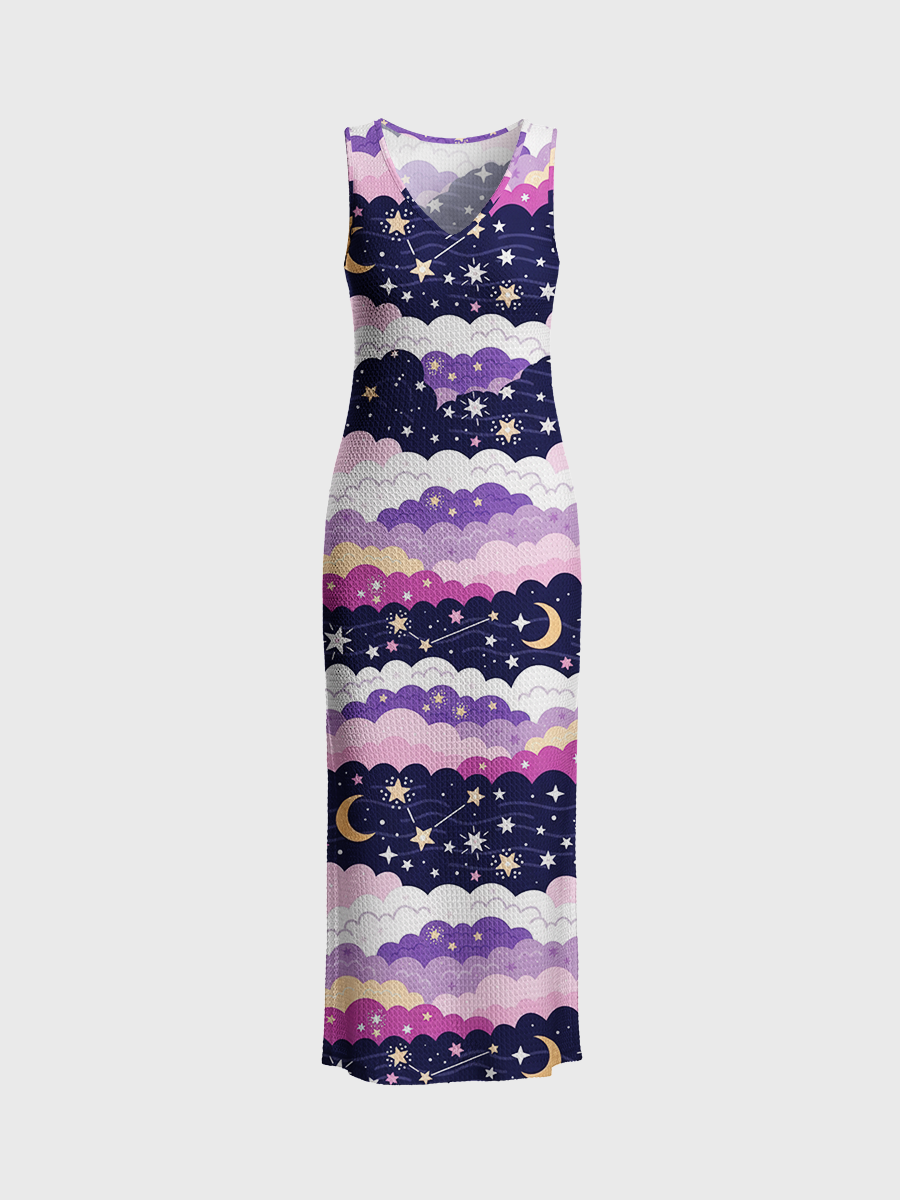 Pastel Cloud Moon Star Stripe Open Stitch Midi Dress