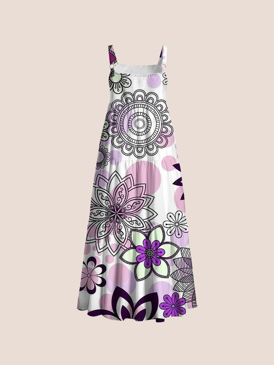 Bohemian Floral Mandala Adjustable Wide Straps Maxi Dress