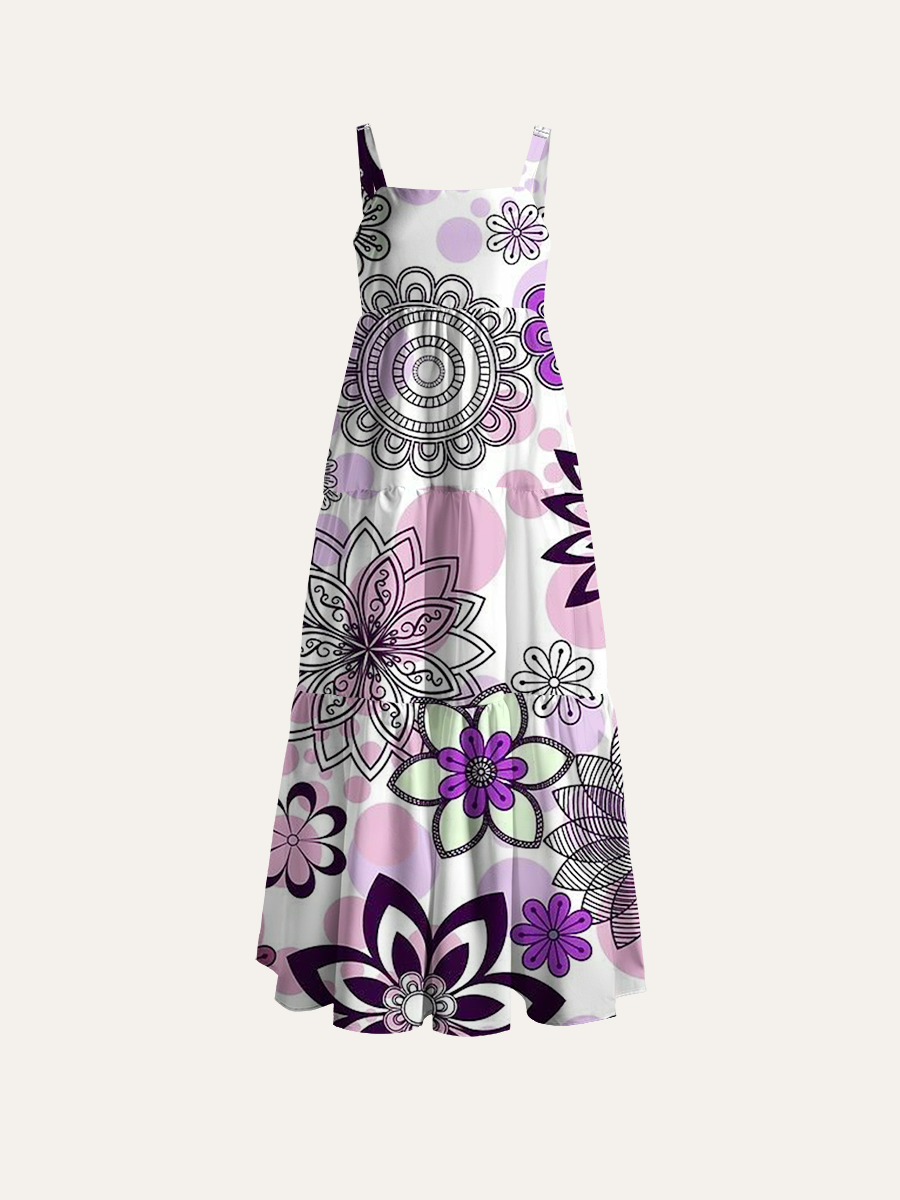 Bohemian Floral Mandala Adjustable Wide Straps Maxi Dress