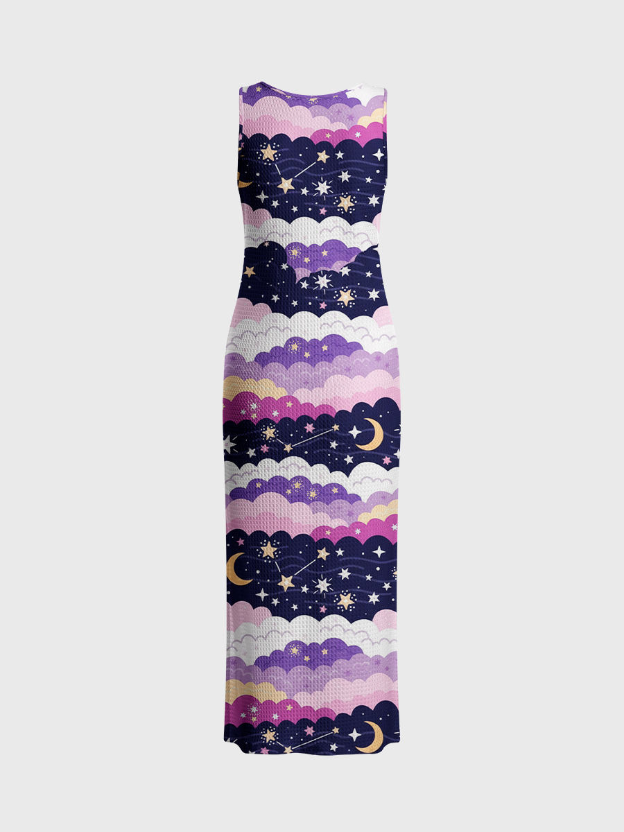 Pastel Cloud Moon Star Stripe Open Stitch Midi Dress