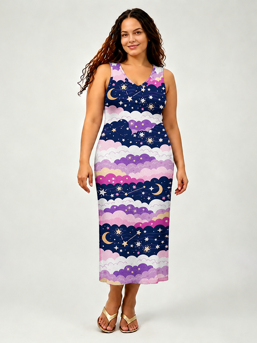 Pastel Cloud Moon Star Stripe Open Stitch Midi Dress