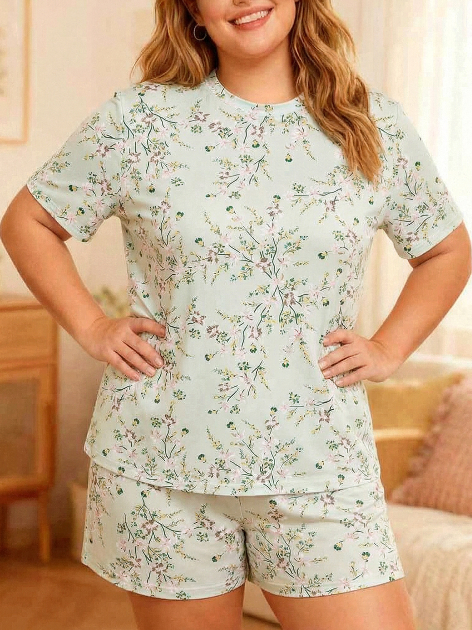 Vintage Light Green Base Floral Short Pajamas