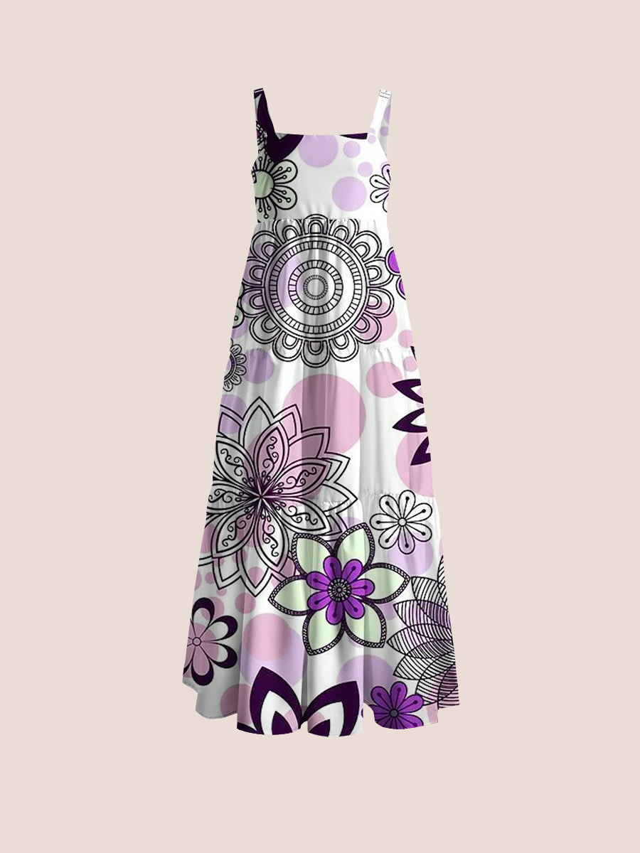 Bohemian Floral Mandala Adjustable Wide Straps Maxi Dress
