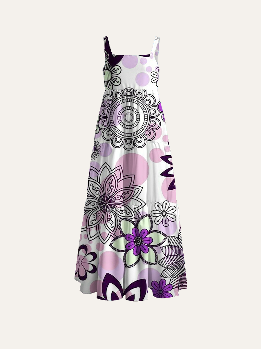Bohemian Floral Mandala Adjustable Wide Straps Maxi Dress
