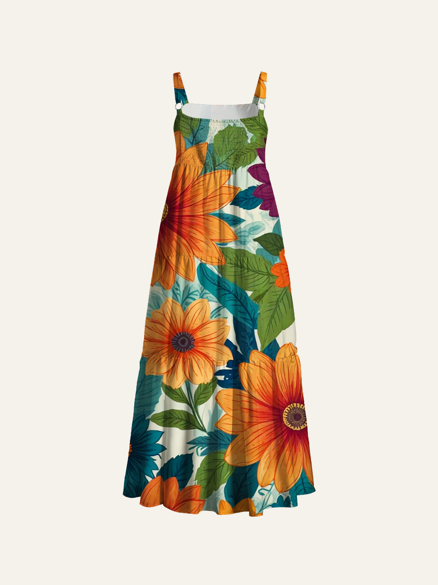 Abstract Line Art Floral Adjustable Wide Straps Maxi Dress