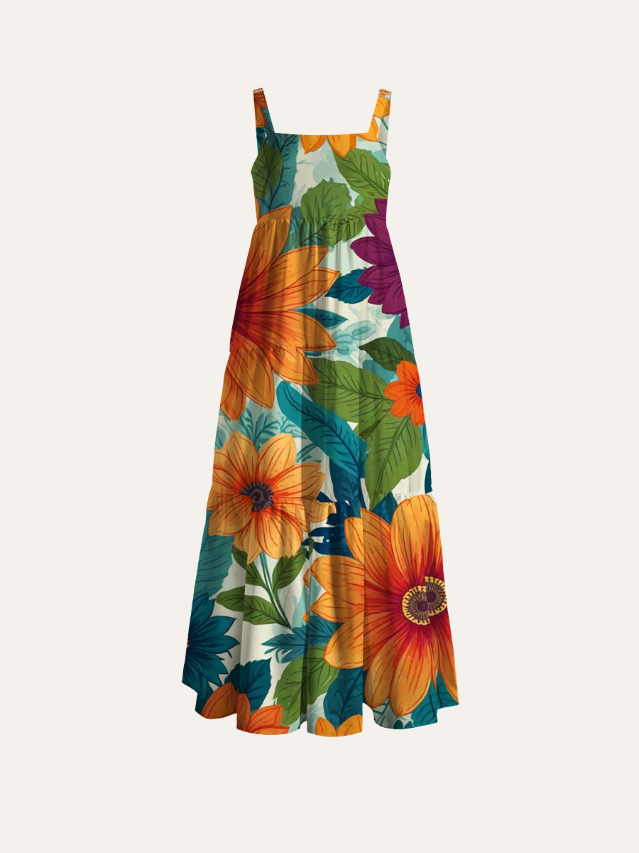 Abstract Line Art Floral Adjustable Wide Straps Maxi Dress