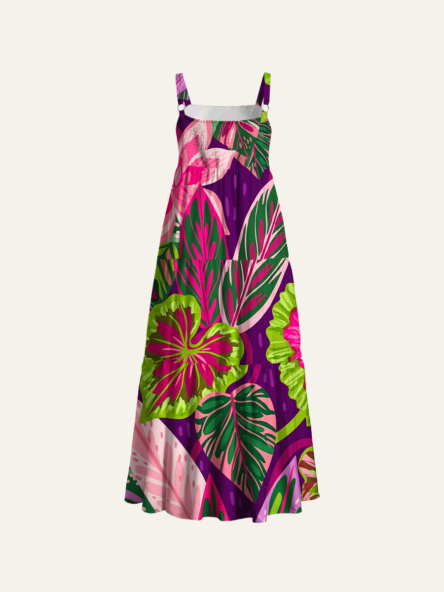 Tropical Pink Jungle Adjustable Wide Straps Maxi Dress
