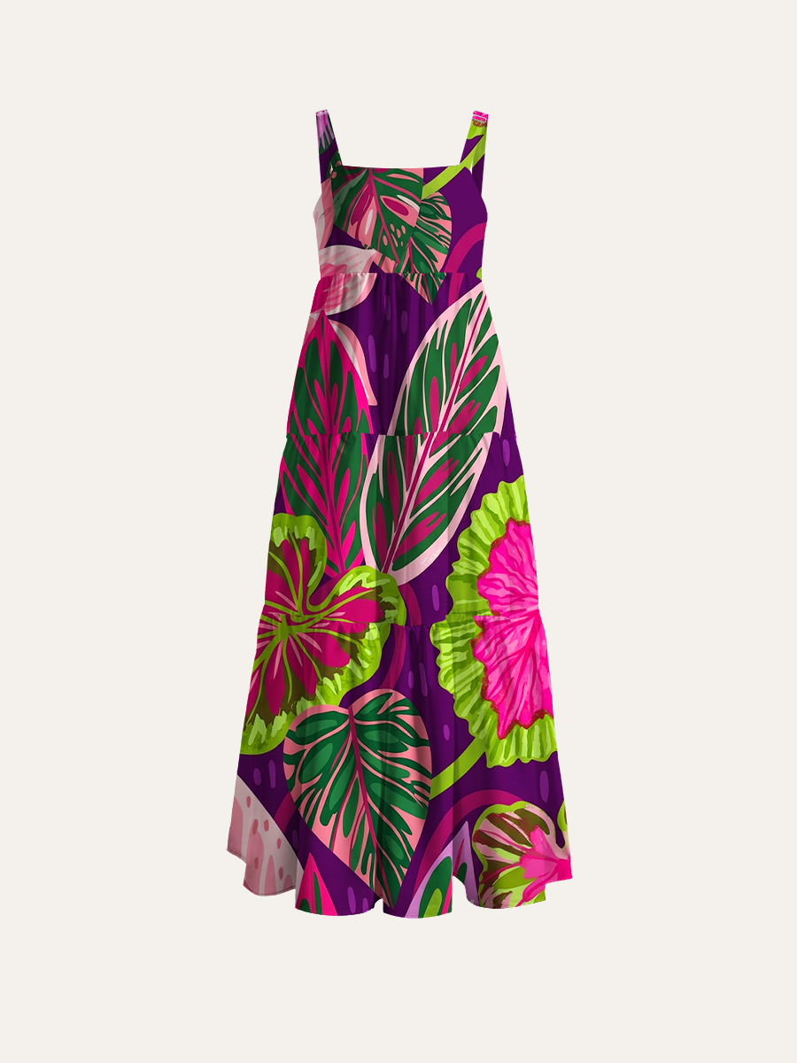 Tropical Pink Jungle Adjustable Wide Straps Maxi Dress