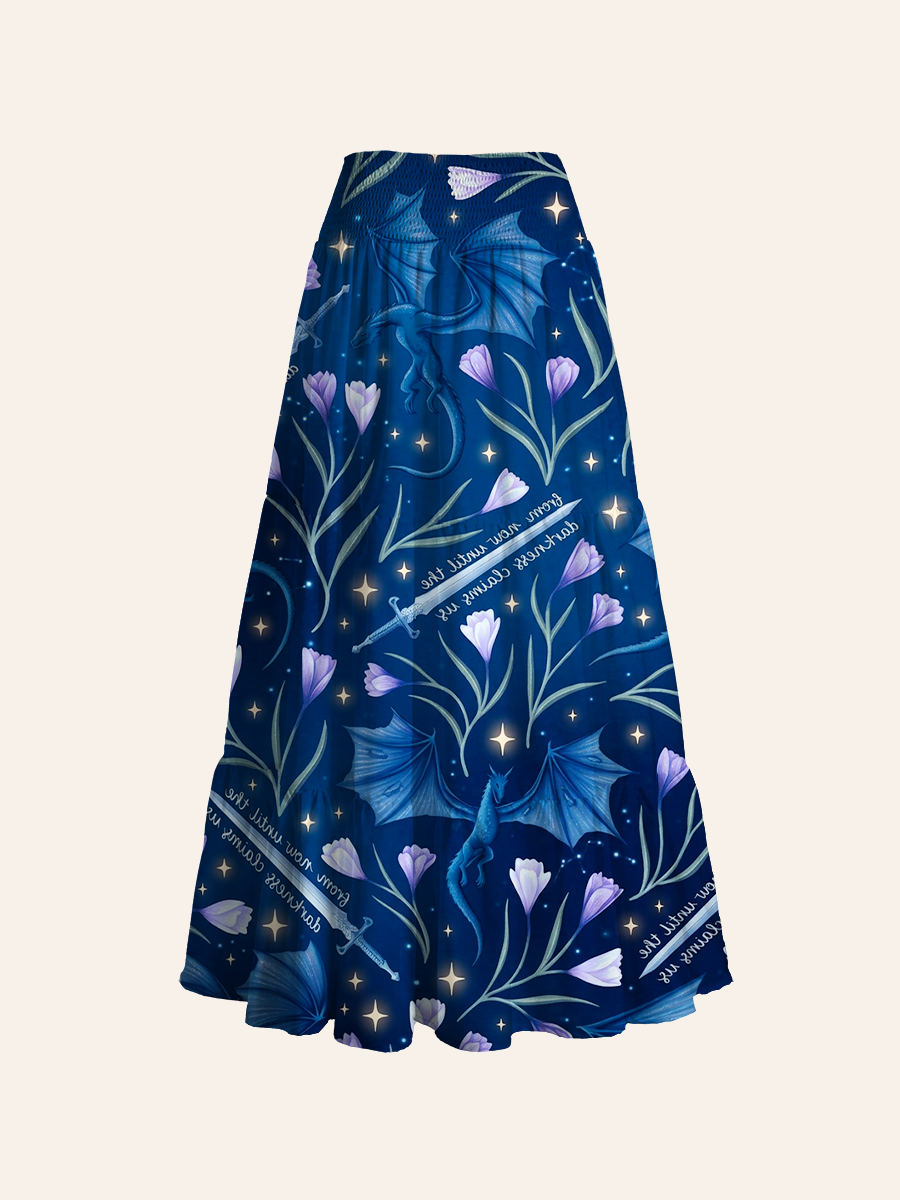 Fantasy Dragon & Sword Floral Cake-tier Midi Skirt