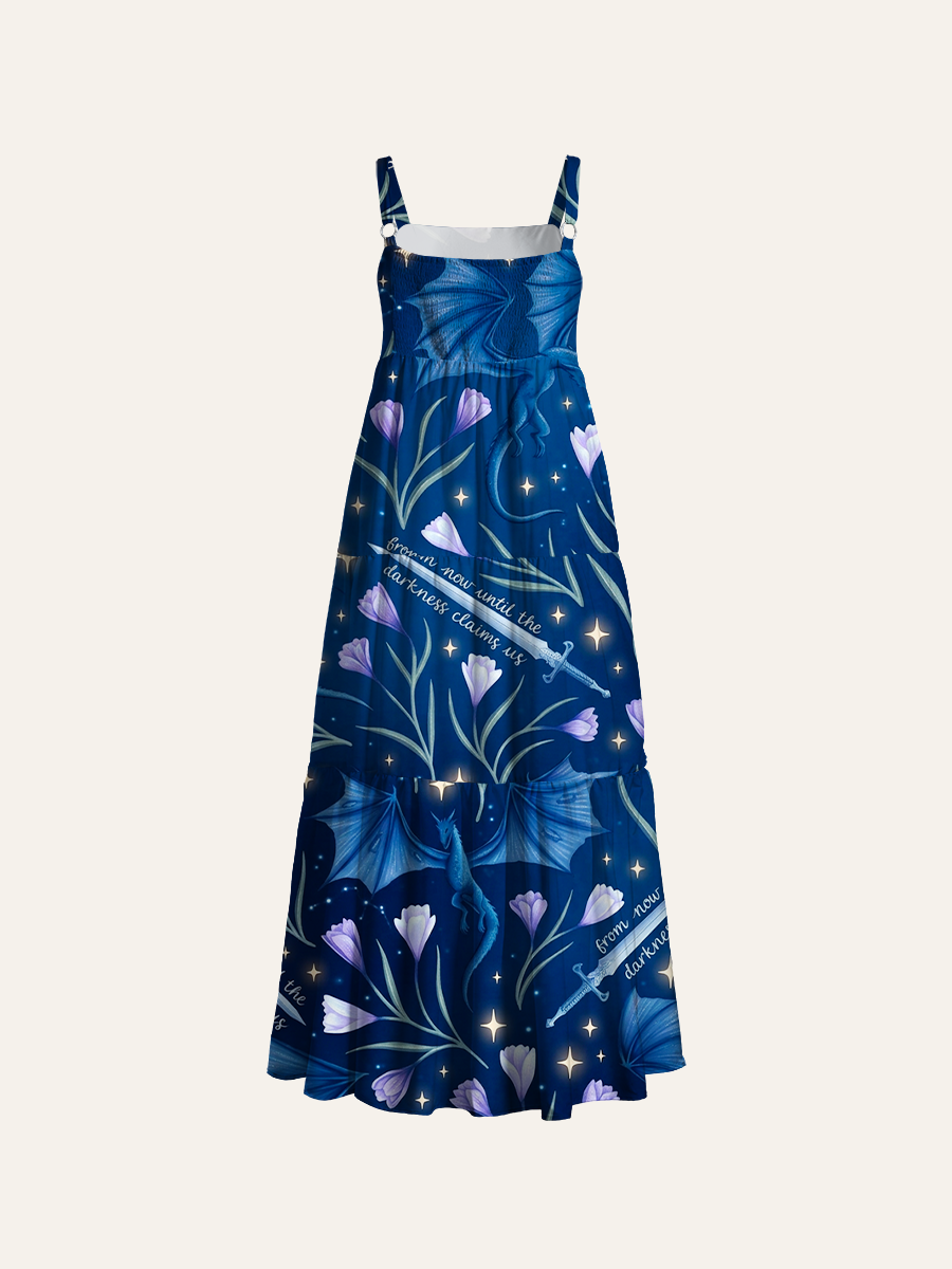 Fantasy Dragon & Sword Floral Adjustable Wide Straps Maxi Dress
