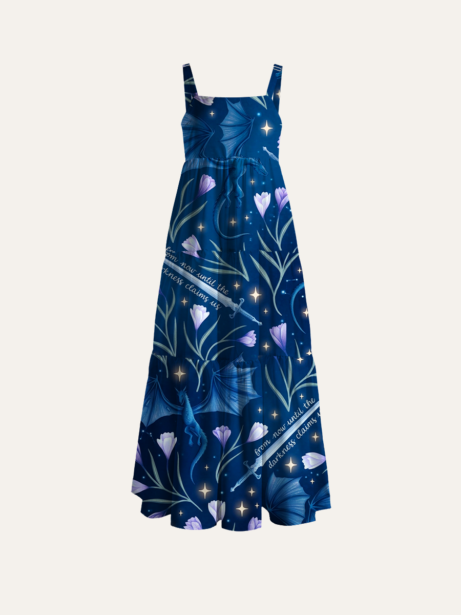 Fantasy Dragon & Sword Floral Adjustable Wide Straps Maxi Dress