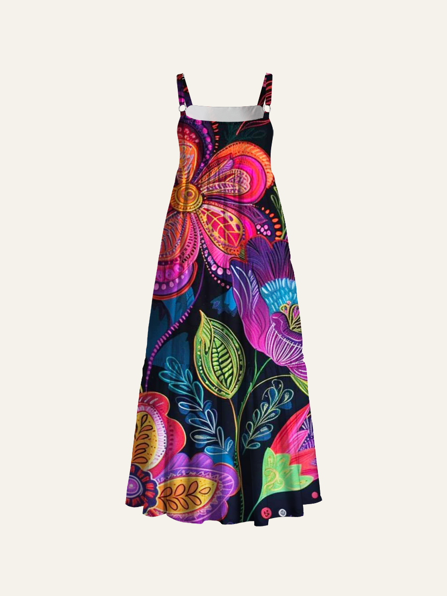 Mexican Folk Art Floral Adjustable Wide Straps Maxi Dress