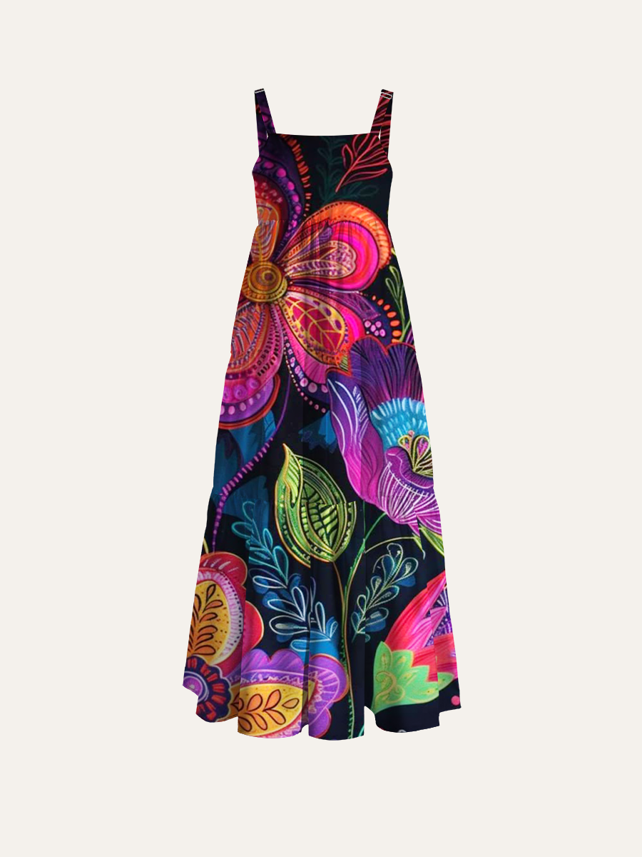 Mexican Folk Art Floral Adjustable Wide Straps Maxi Dress