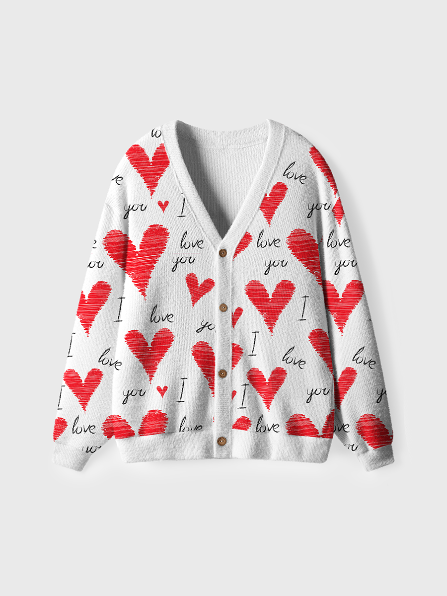 Vintage Scribble Heart I Love You Pop Ugly Cardigan Sweaters