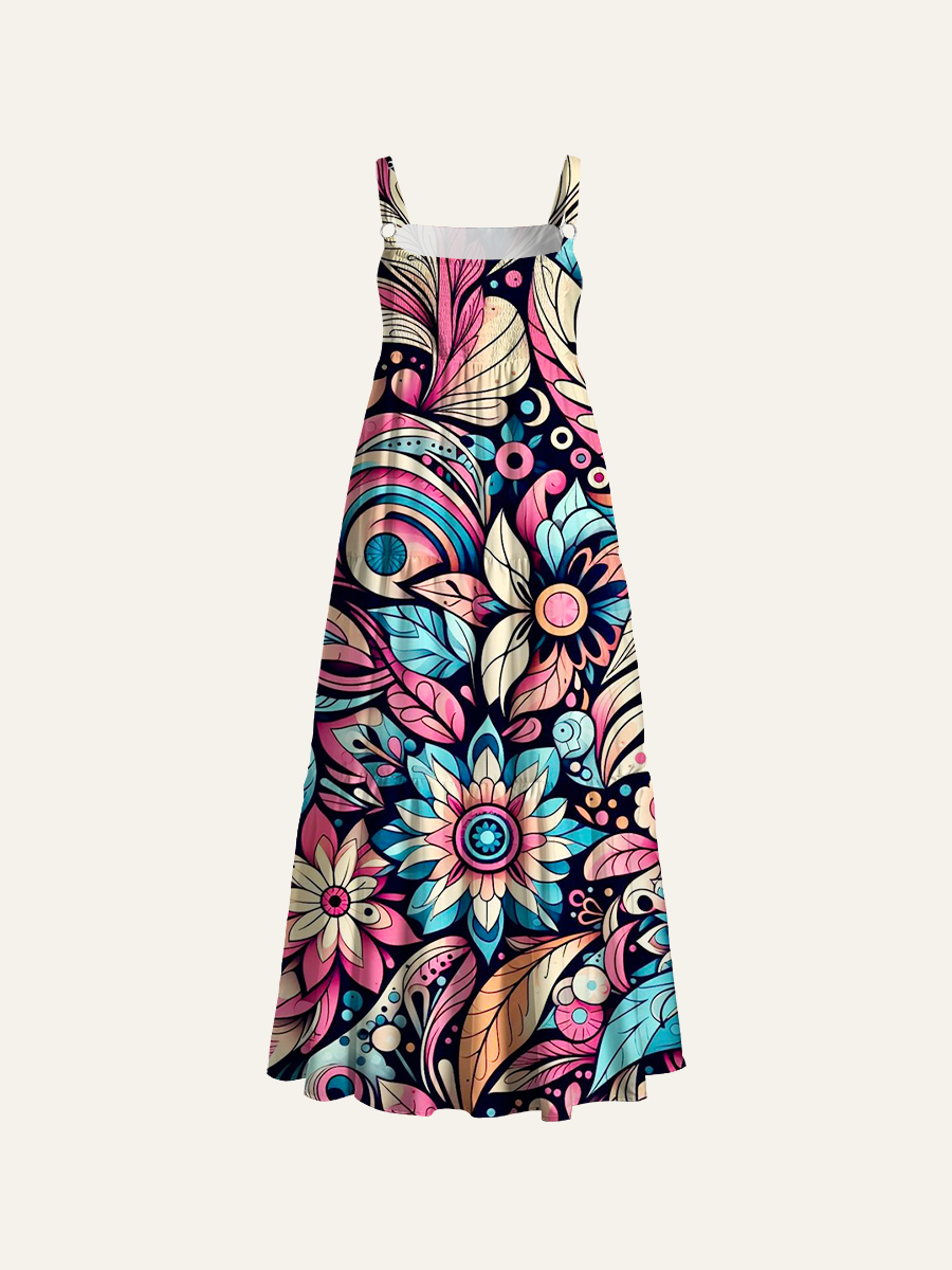 Whimsical Folk Art Flower Adjustable Wide Straps Maxi Dress