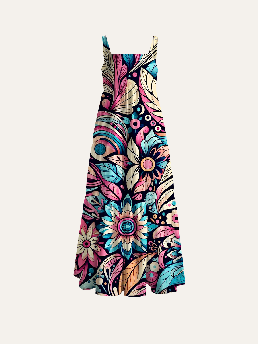 Whimsical Folk Art Flower Adjustable Wide Straps Maxi Dress