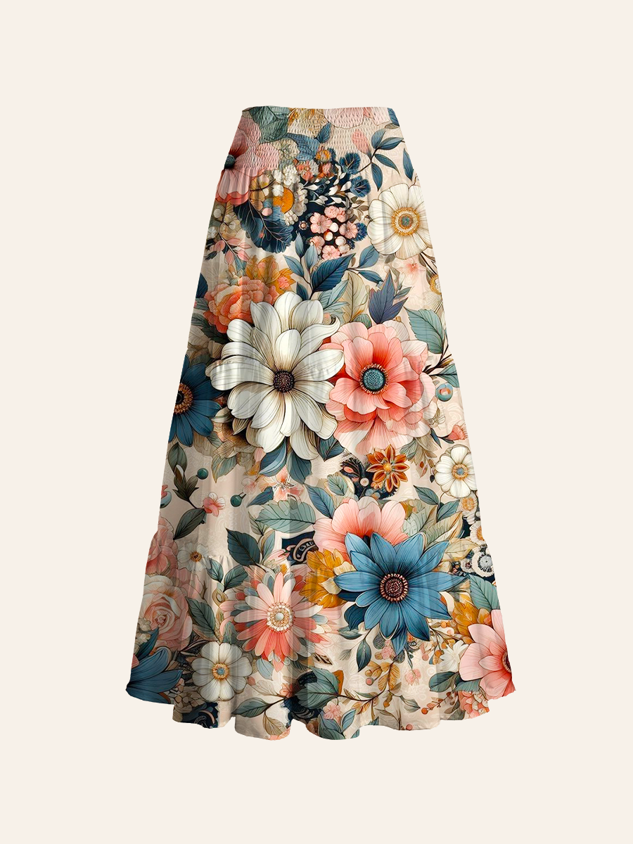 Soft Boho Blooms Cake-tier Midi Skirt