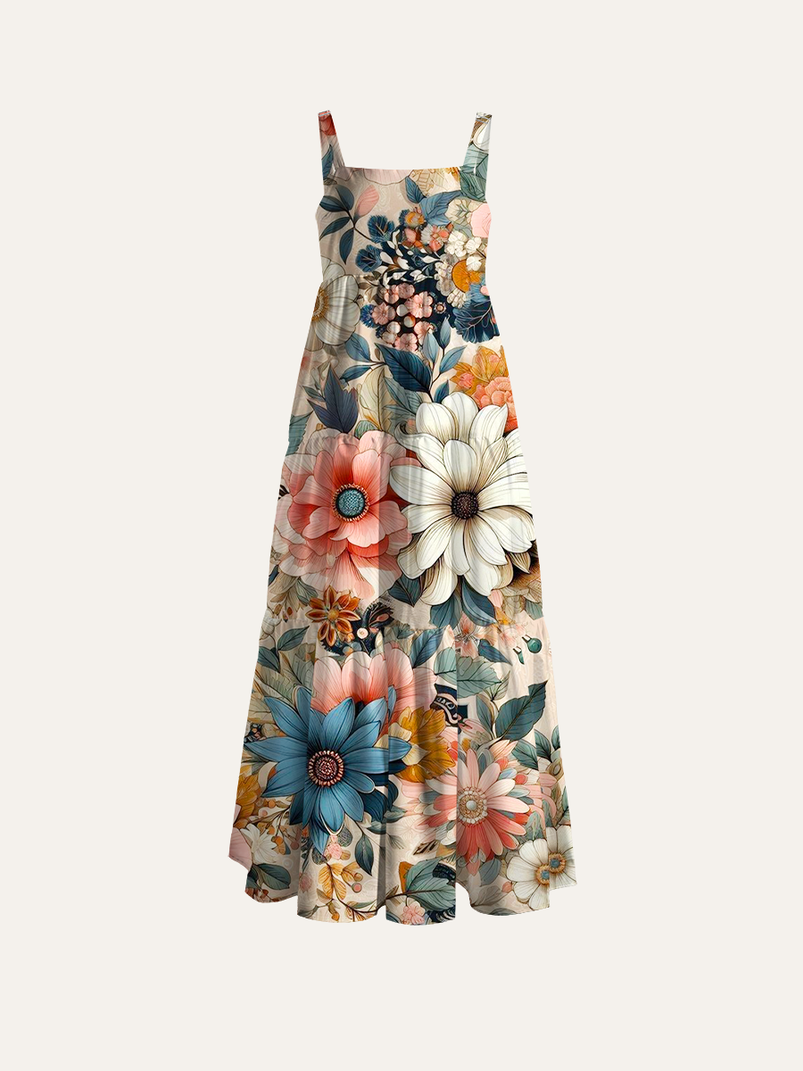 Soft Boho Blooms Adjustable Wide Straps Maxi Dress