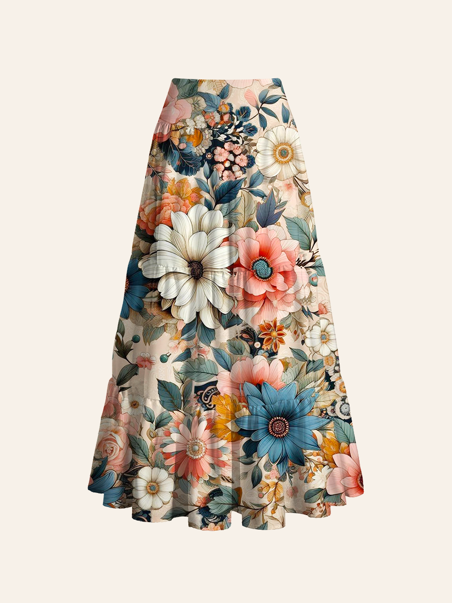 Soft Boho Blooms Cake-tier Midi Skirt