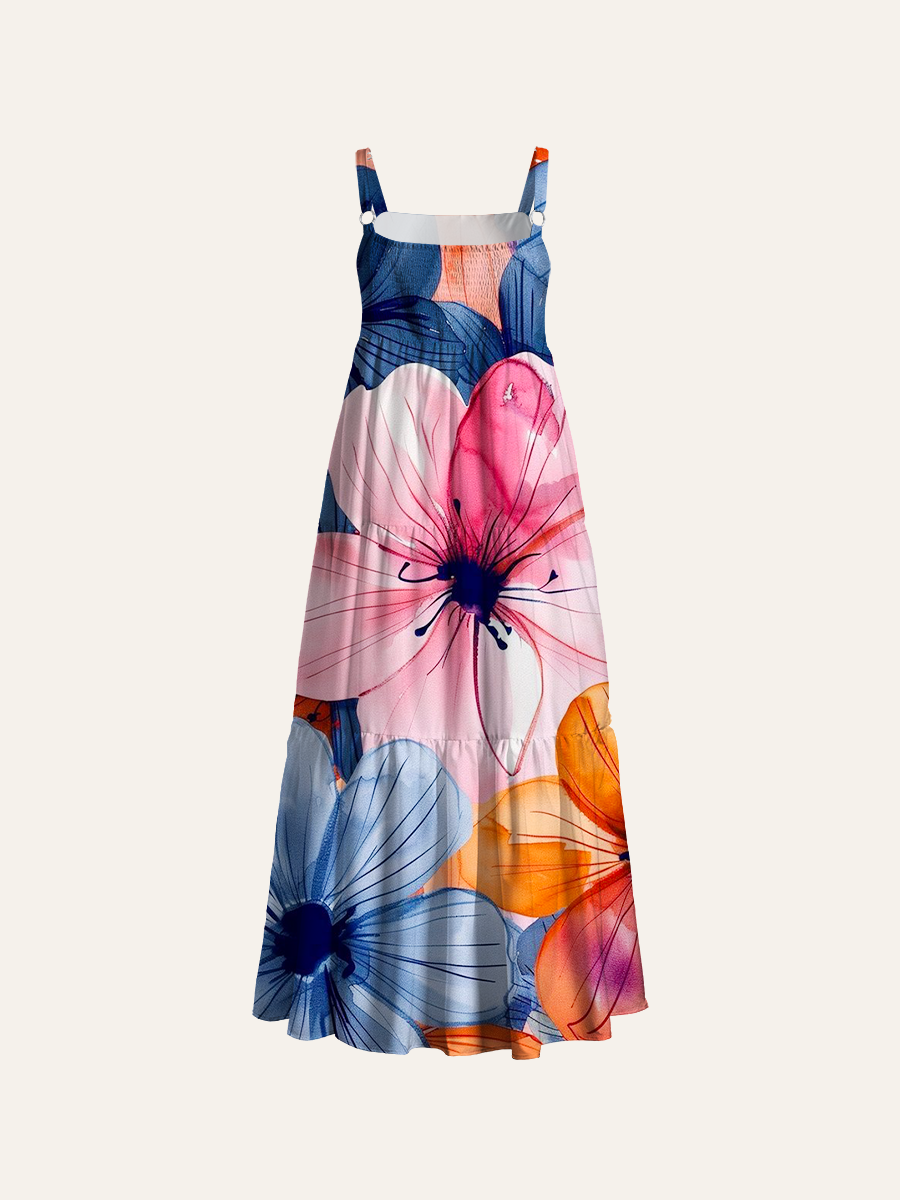 Pastel Ink Bloom Adjustable Wide Straps Maxi Dress