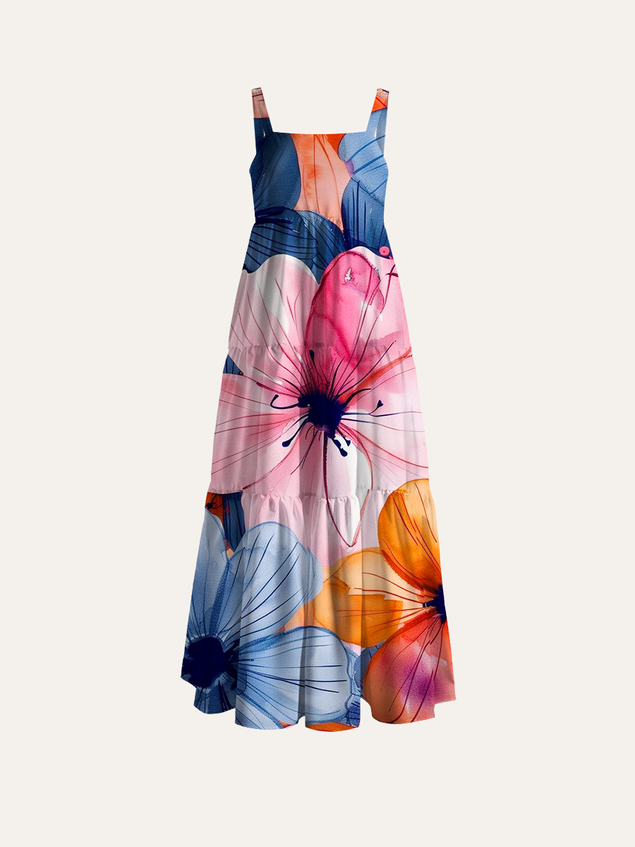 Pastel Ink Bloom Adjustable Wide Straps Maxi Dress