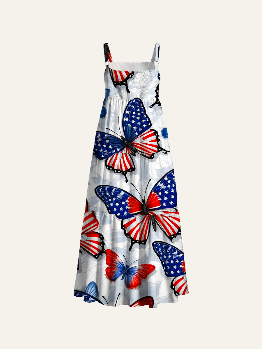 Patriotic Butterfly Adjustable Wide Straps Maxi Dress