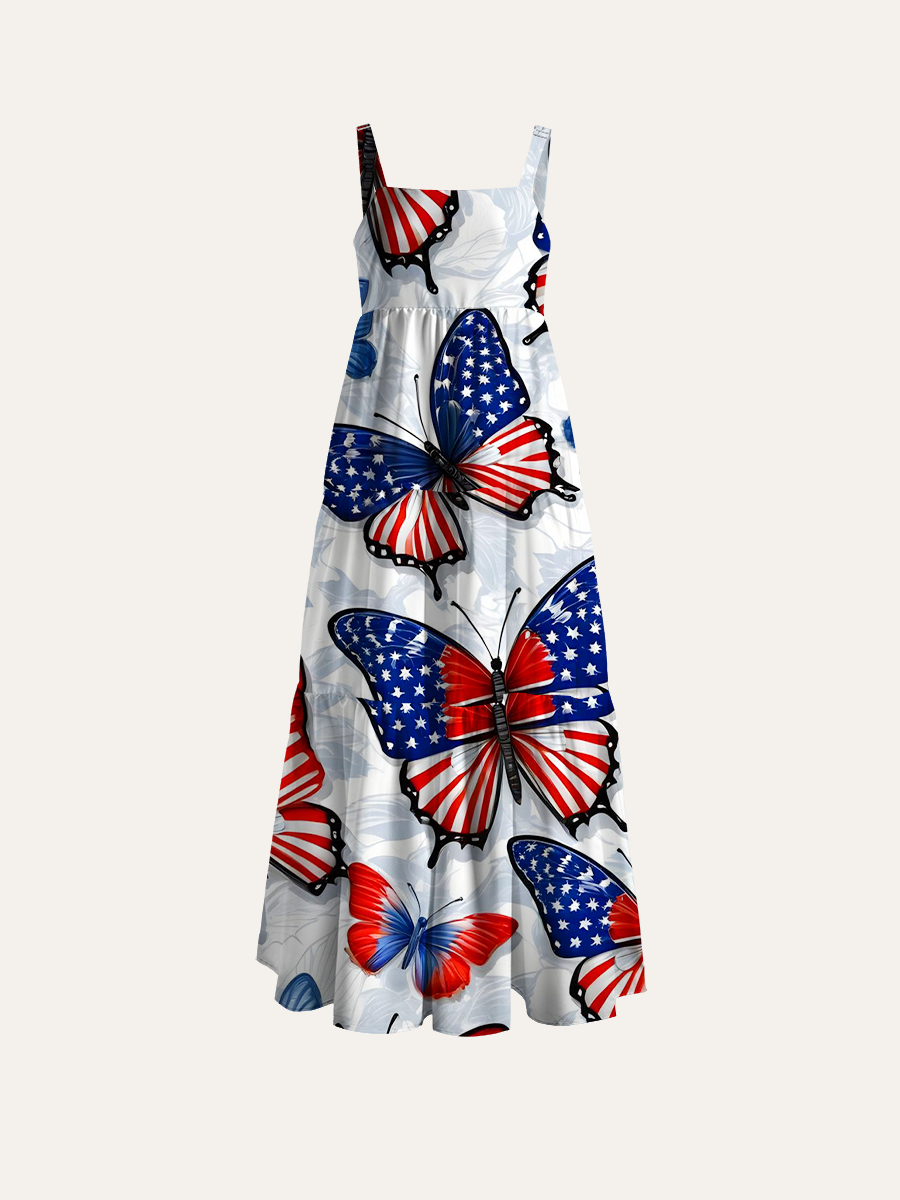 Patriotic Butterfly Adjustable Wide Straps Maxi Dress
