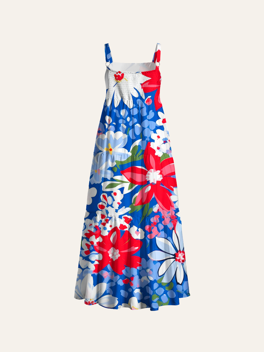 Primary Color Pop Floral Adjustable Wide Straps Maxi Dress