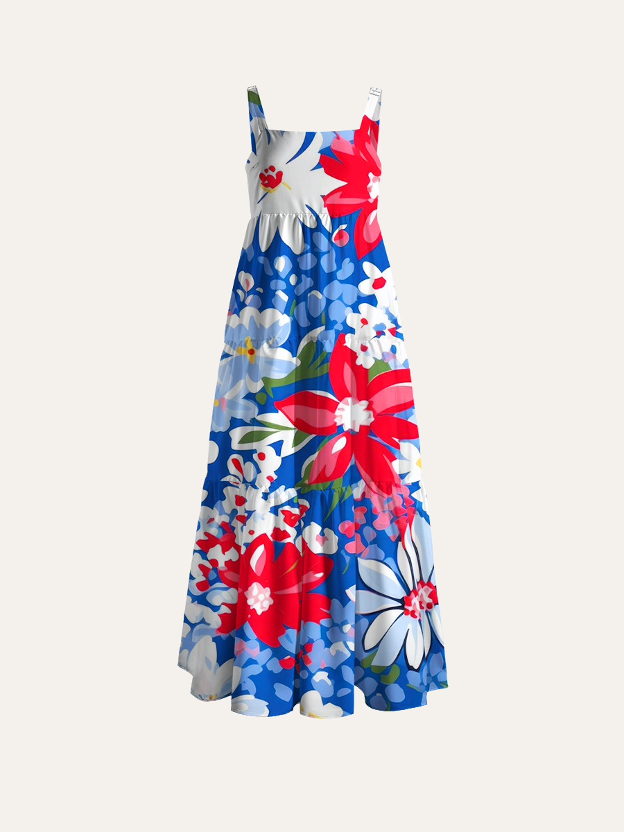 Primary Color Pop Floral Adjustable Wide Straps Maxi Dress