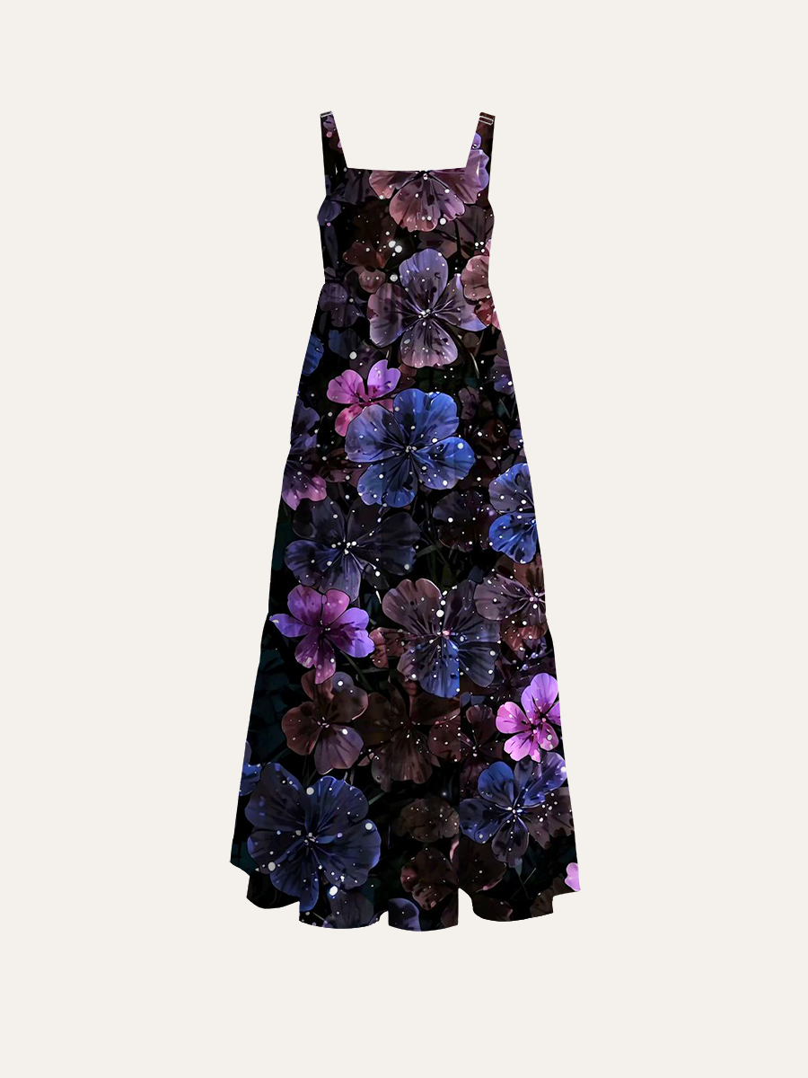 Night Floral Adjustable Wide Straps Maxi Dress