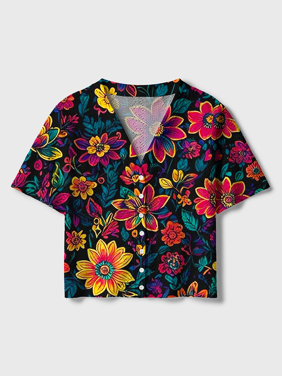 Psychedelic Neon Floral Print Crochet Button Down Cardigan