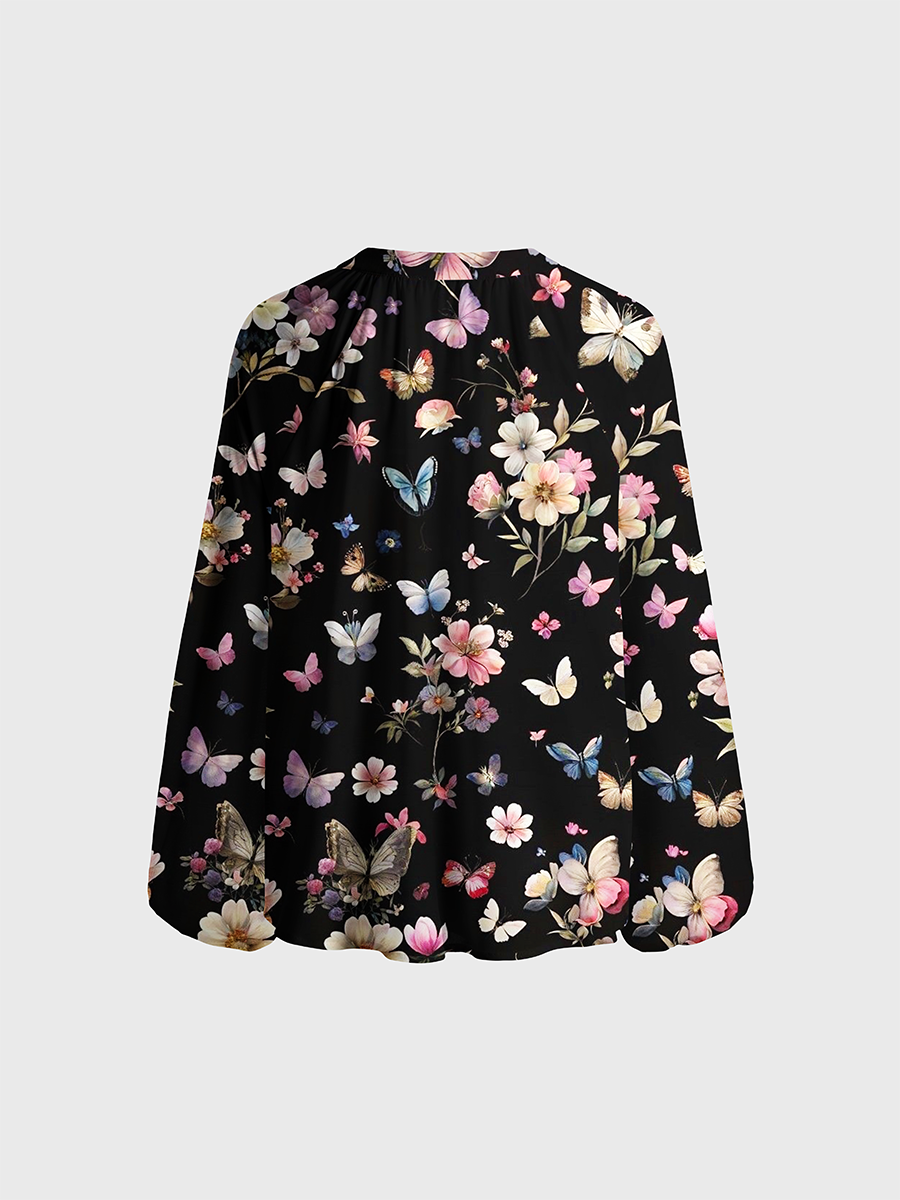 Nocturnal Butterfly Blooms Neck Tie Blouse