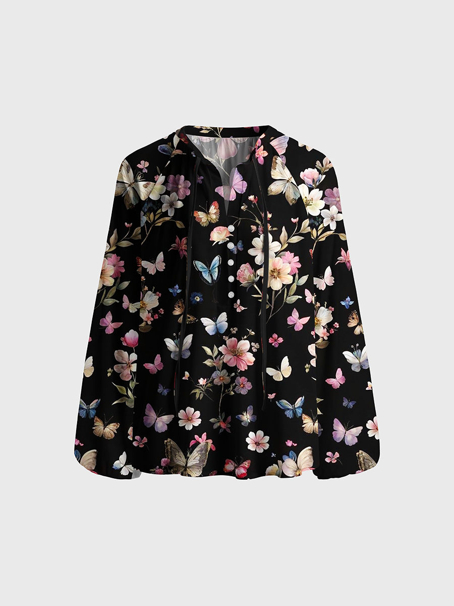 Nocturnal Butterfly Blooms Neck Tie Blouse